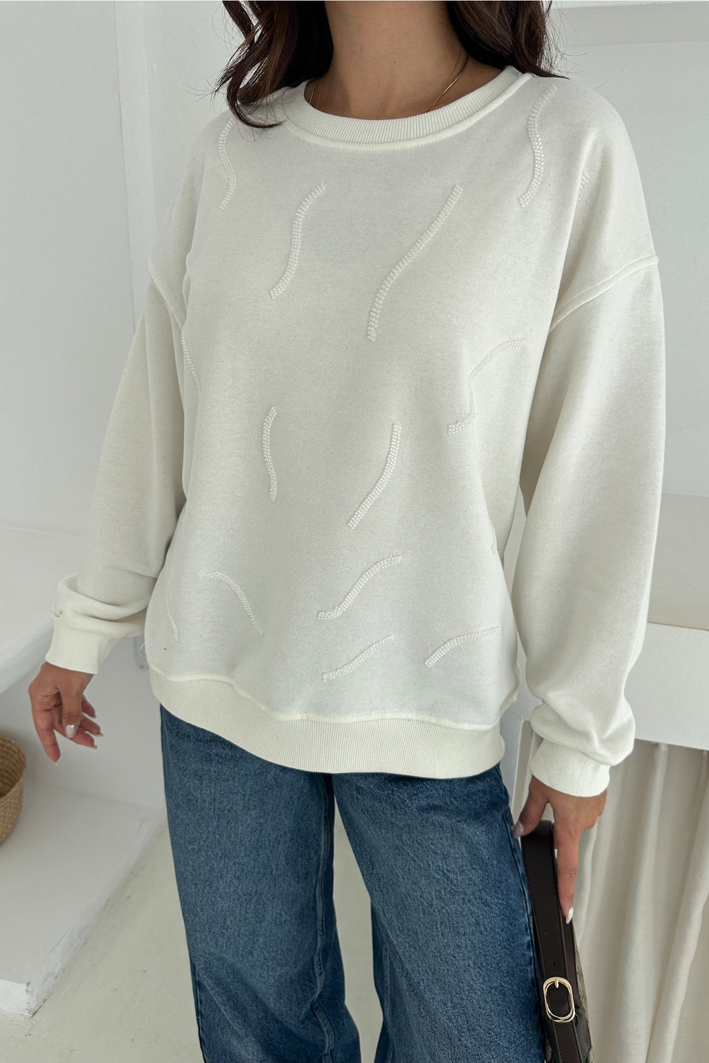 Kadın Boncuk İşlemeli %100 Pamuk Sweatshirt - Beyaz