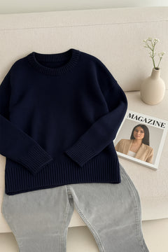 Kadın Standart Beden Oversize Basic Triko Kazak - Lacivert