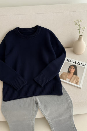 Kadın Standart Beden Oversize Basic Triko Kazak - Lacivert