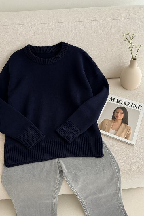 Kadın Standart Beden Oversize Basic Triko Kazak - Lacivert