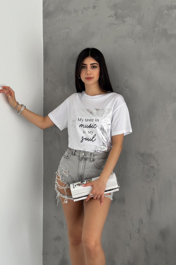 Kadın Gümüş Varaklı Pamuk Tişört - Beyaz