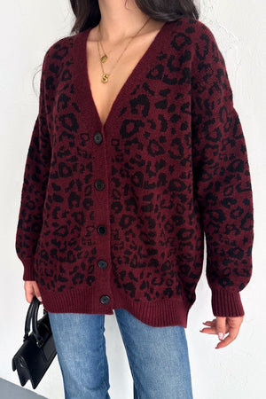 Kadın Standart Beden Leopar Desen Oversize Triko Hırka - Bordo