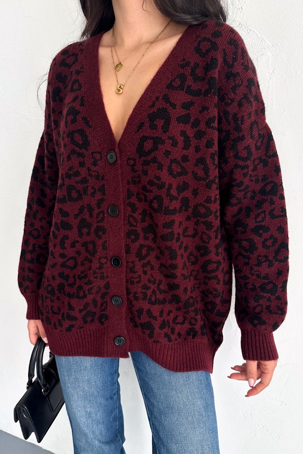 Kadın Standart Beden Leopar Desen Oversize Triko Hırka - Bordo