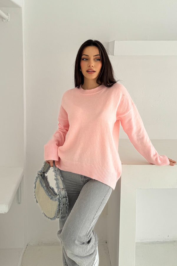 Kadın Standart Beden Oversize Basic Triko Kazak - Pembe