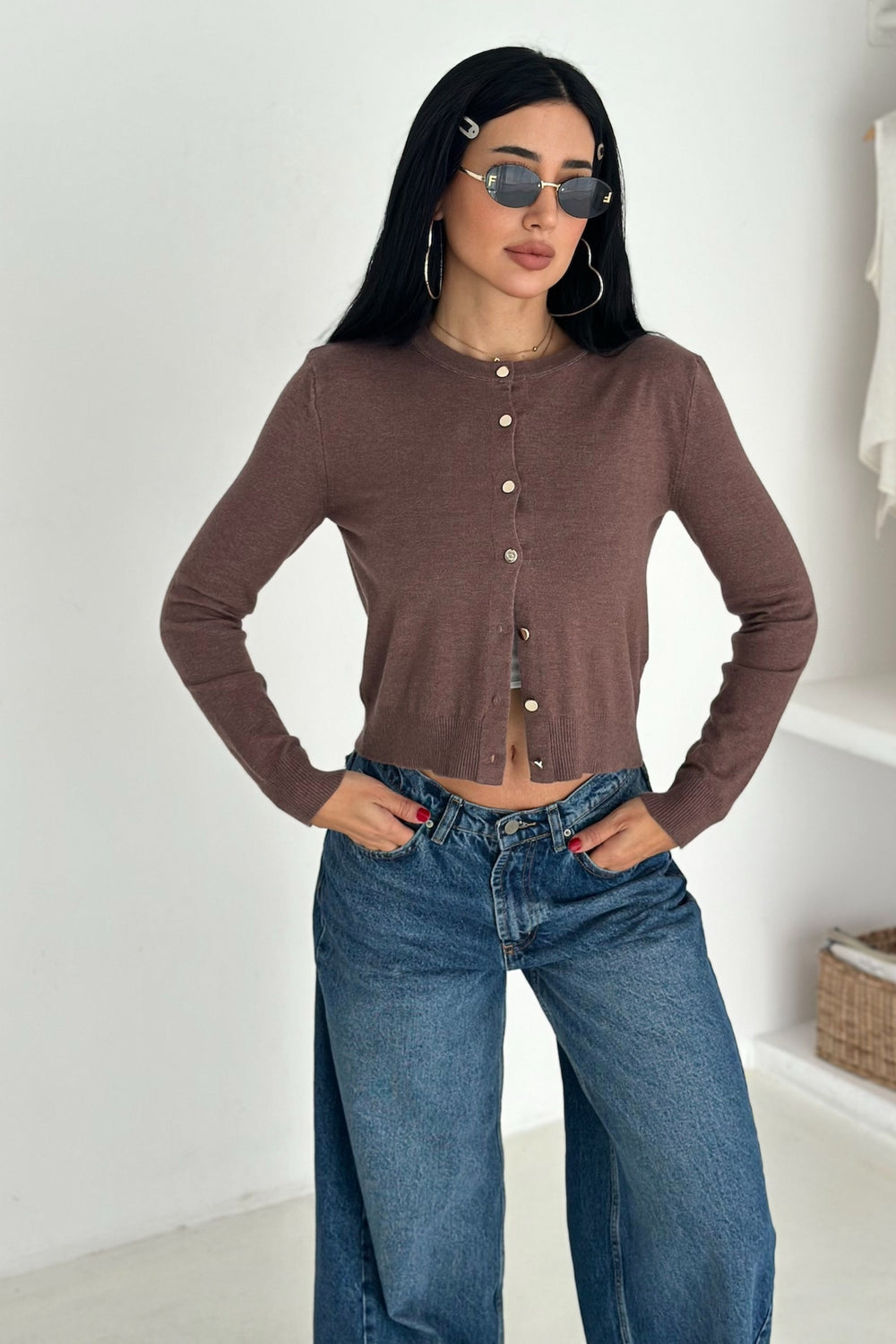 Kadın Düğmeli İnce Triko Hırka Standart Beden Basic Model Yumuşak Dokulu - Kahverengi