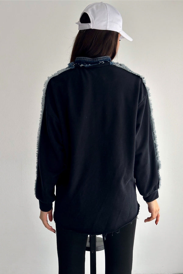 Kadın Fermuarlı Cepli Kot Denim Detaylı Sweatshirt - Lacivert