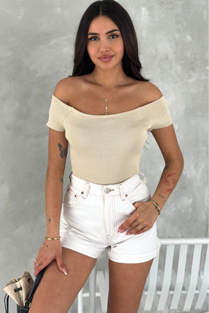 Kadın Standart Beden Triko Crop Bluz - Bej
