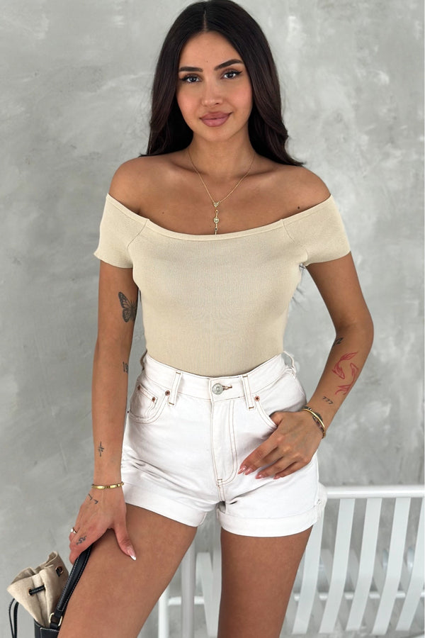 Kadın Standart Beden Triko Crop Bluz - Bej