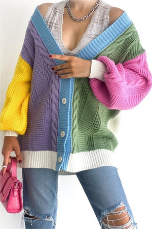 Kadın Oversize Triko Hırka Çok Renkli Salaş Blok Desenli - Sarı