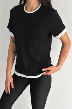 Kadın Yuvarlak Yaka Şerit Detaylı %100 Pamuk T-shirt - Siyah