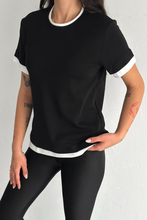 Kadın Yuvarlak Yaka Şerit Detaylı %100 Pamuk T-shirt - Siyah