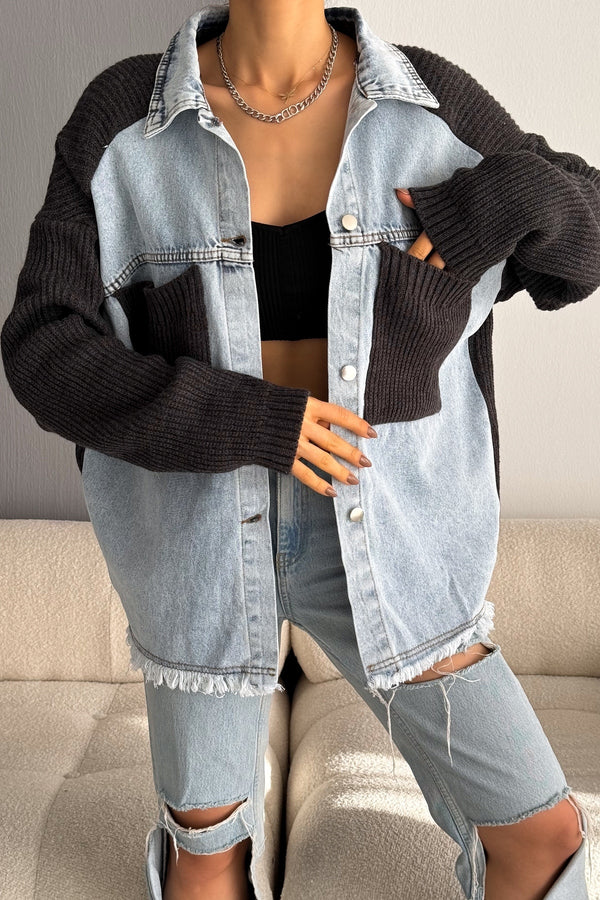 Kadın Kolları Ve Cebi Trikolu Oversize Denim Kot Garnili Hırka - Antrasit