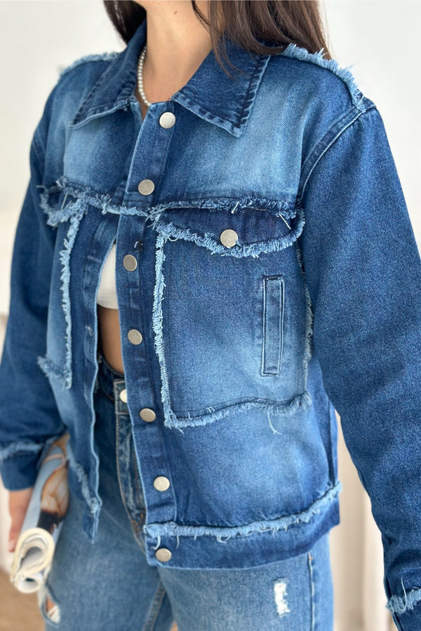 Kadın Saçaklı Dikiş Detaylı Oversize Denim Kot Ceket - Mavi
