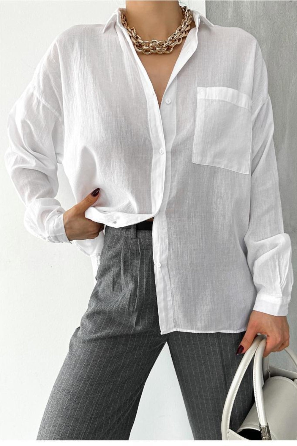 Kadın Oversize Geniş Kalıp Tek Cep Basic Gömlek - Beyaz