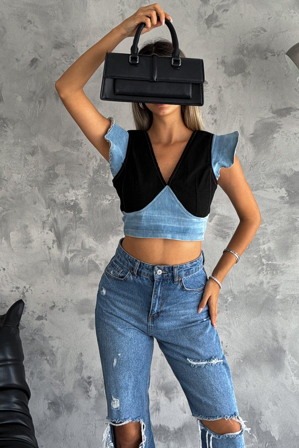 Kadın Sırtı Fermuarlı Crop Kot Bluz - Siyah