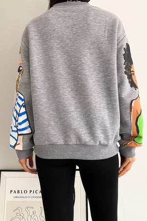Kadın 3 İplik Şardonlu Baskılı Oversize Pamuk Sweatshirt - Gri