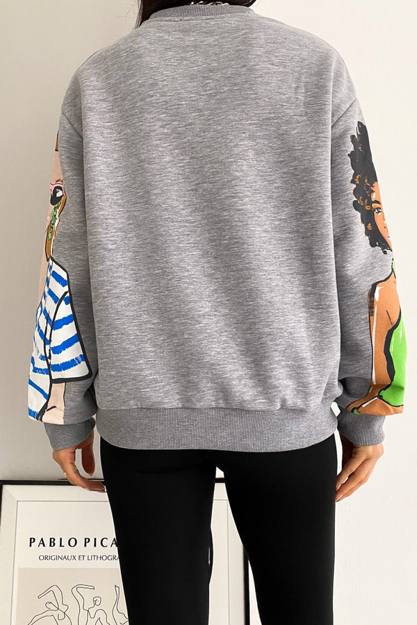 Kadın 3 İplik Şardonlu Baskılı Oversize Pamuk Sweatshirt - Gri