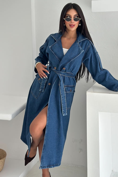 Denim Jean Trençkot Cepli Beli Kemerli - Mavi