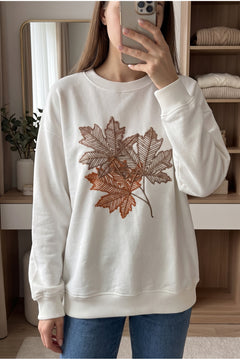 %100 Pamuk Boncuk İşlemeli Sweatshirt Yaprak Desenli - Beyaz