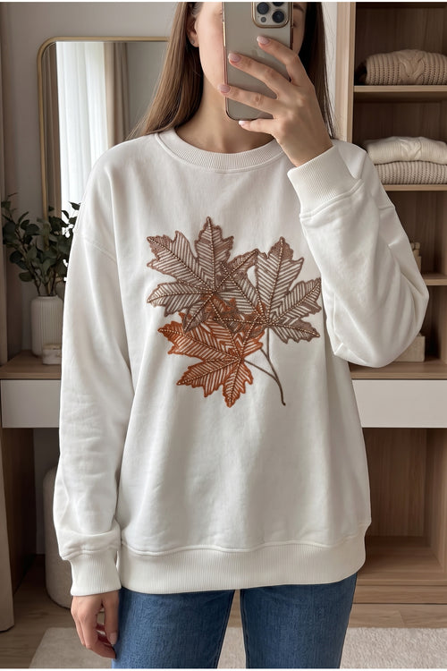 %100 Pamuk Boncuk İşlemeli Sweatshirt Yaprak Desenli - Beyaz