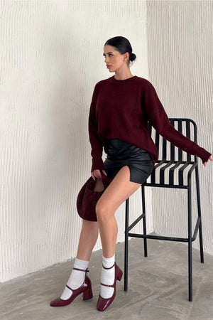 Kadın Standart Beden Oversize Basic Triko Kazak - Bordo