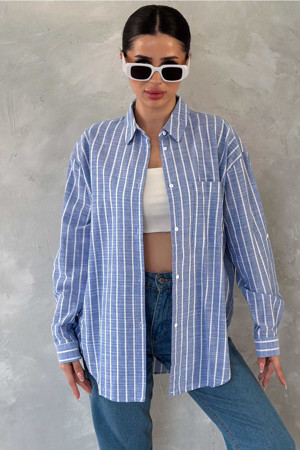 Kadın Çizgili %100 Pamuk Oversize Gömlek ( 1 Beden Küçük Alınız ) - Mavi