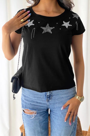 Kadın Yıldız Desen Püskül Detaylı T-shirt - Siyah
