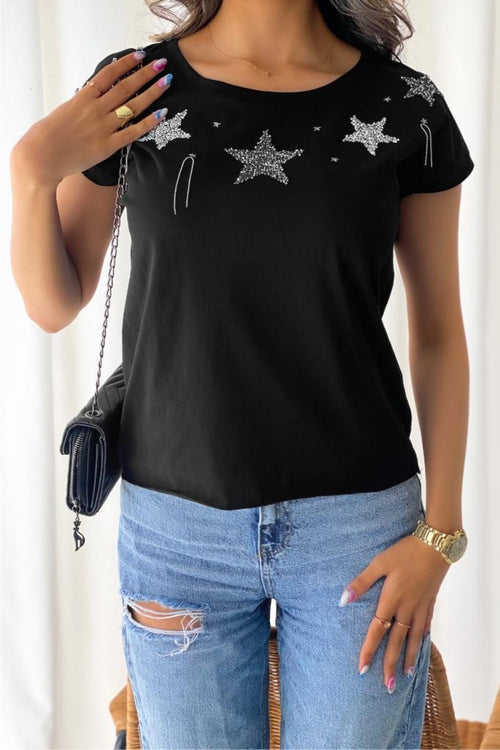 Kadın Yıldız Desen Püskül Detaylı T-shirt - Siyah
