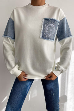 Kadın Kot Detaylı Taş İşlemeli Pamuklu Sweatshirt - Ekru