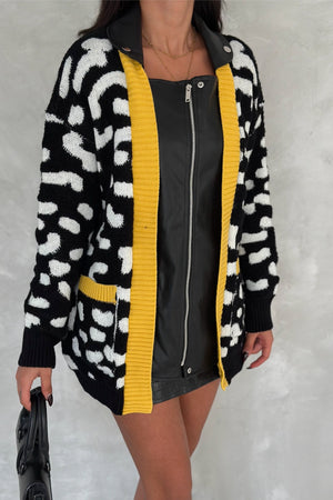 Kadın Leopar Desen Fermuarlı Derili Oversize Triko Hırka - Sarı