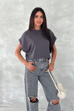 Kadın Yuvarlak Yaka Modal Kumaş Basic T-shirt - Antrasit