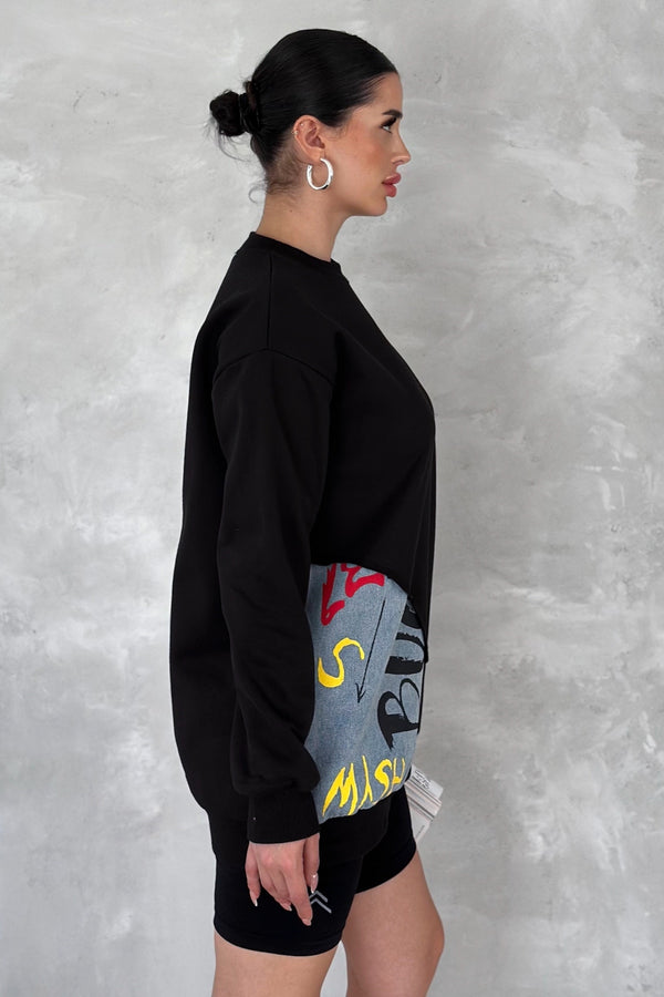 Kadın Beyaz Şardonlu Tasarım Kot Detaylı Sweatshirt - Siyah