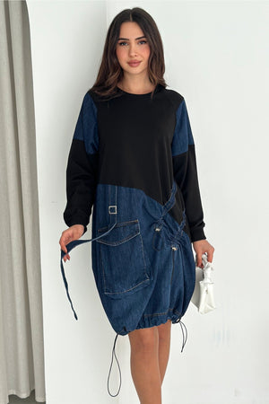 Kadın Sweat Denim Patchwork Elbise Oversize Cepli Büzgülü %100 Pamuk Spor Elbise - Lacivert