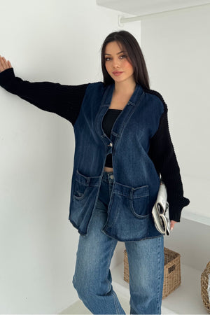 Kolları Ve Sırtı Triko Kot Denim Oversize Hırka Cepli Standart Beden - Siyah