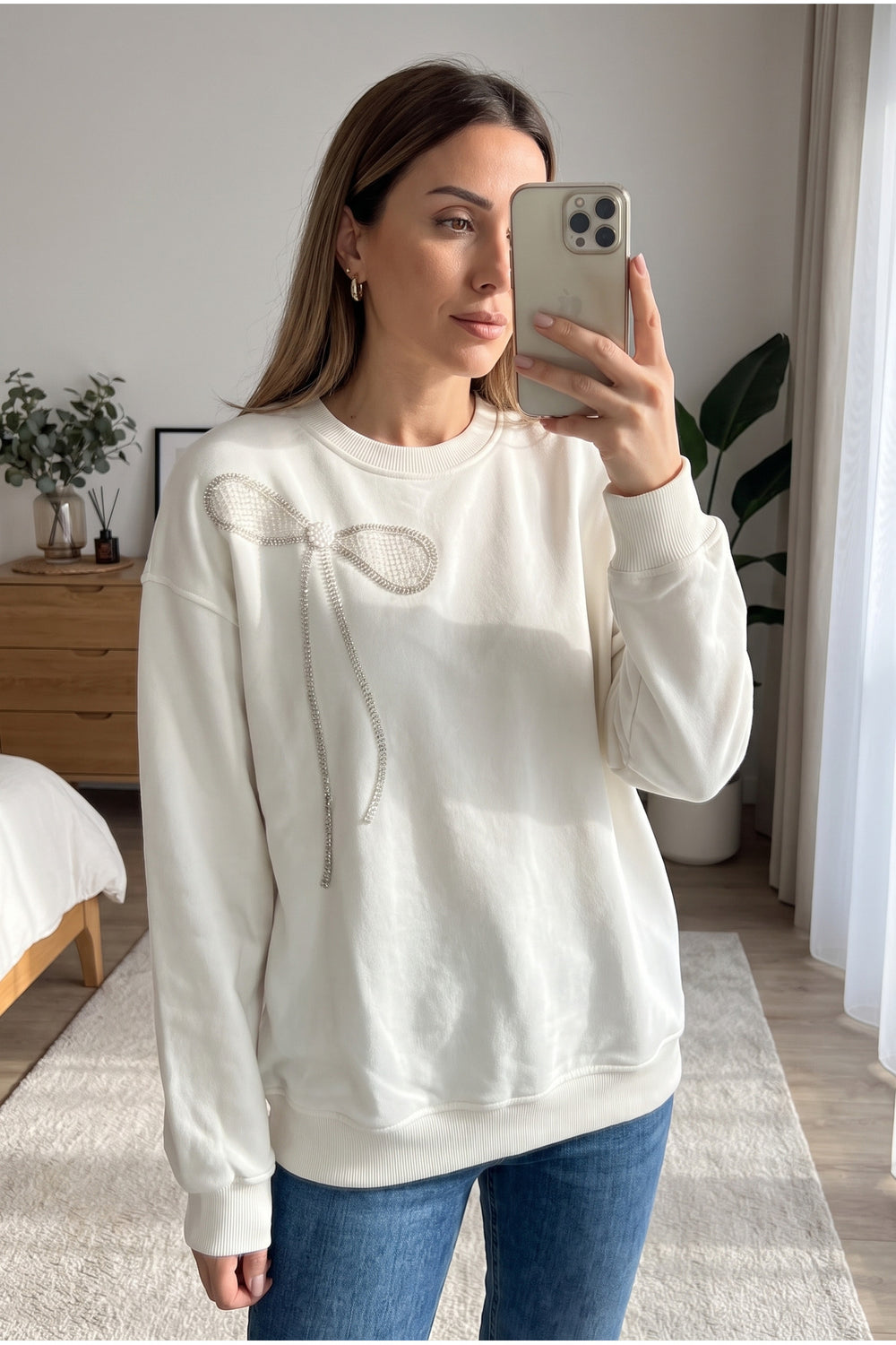 %100 Pamuk Boncuk İşlemeli Sweatshirt Kurdela Desenli - Beyaz