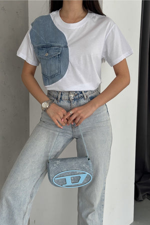 Kadın Denim Kot Detaylı Cepli Tasarım Pamuklu Tişört - Beyaz