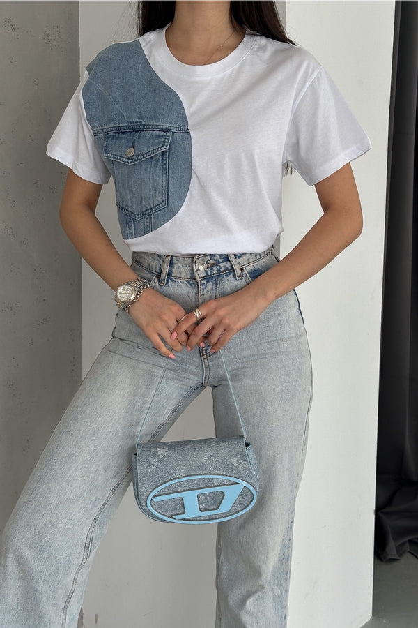 Kadın Denim Kot Detaylı Cepli Tasarım Pamuklu Tişört - Beyaz