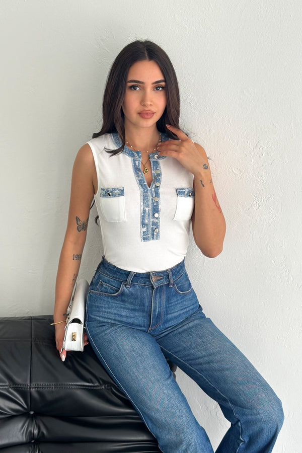 Kadın Kot Detaylı Pul Payet İşlemeli %100 Pamuk Kolsuz Triko Bluz - Beyaz