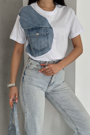 Kadın Denim Kot Detaylı Cepli Tasarım Pamuklu Tişört - Beyaz
