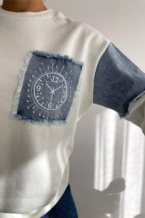 Kadın Kot Detaylı Taş İşlemeli Pamuklu Sweatshirt - Ekru