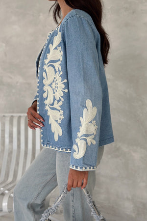 Kadın Mavi Vintage Nakışlı Kot Denim Ceket - Lacivert