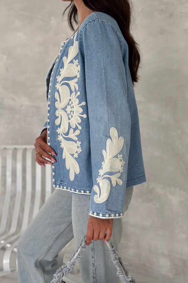 Kadın Mavi Vintage Nakışlı Kot Denim Ceket - Lacivert