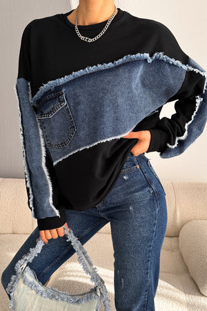 Kadın Oversize Kot Detaylı Sweatshirt - Siyah