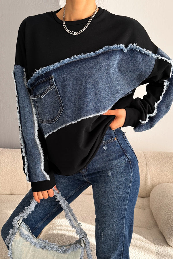 Kadın Oversize Kot Detaylı Sweatshirt - Siyah