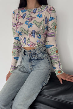 Kadın Desenli Crop Bluz - Krem