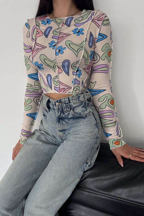 Kadın Desenli Crop Bluz - Krem