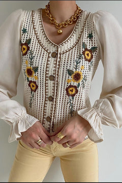 Kadın Yeni Sezon Çiçek Nakışlı Vintage Gömlek - Krem