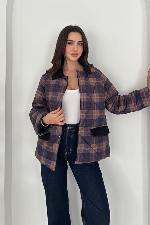 Kadın Kadife Yaka Detaylı Ekose Çıtçıt Düğme Kapitone Astarlı Oversize Mont - Lacivert