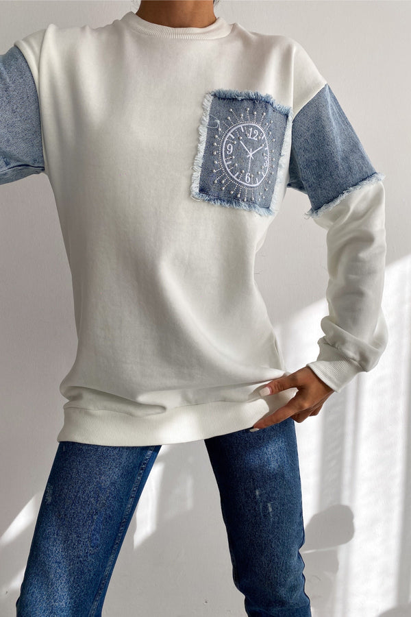 Kadın Kot Detaylı Taş İşlemeli Pamuklu Sweatshirt - Ekru