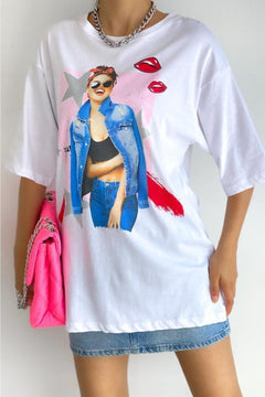 Kadın Bisiklet Yaka Baskılı Yeni Sezon Pamuk T-shirt - Beyaz
